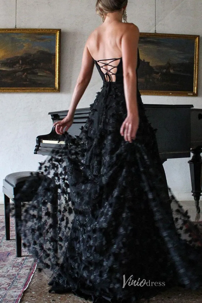 Black Floral Lace Strapless Prom Dresses with Slit Satin Bodice Lace-up Back FD4055