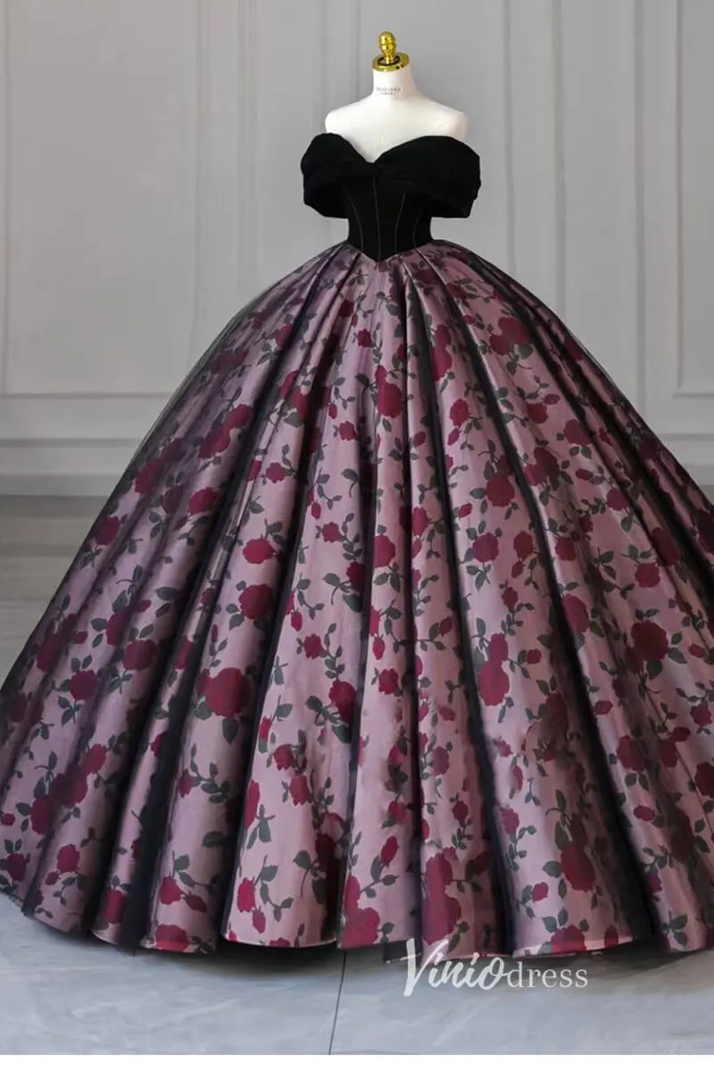 Black Floral Satin Prom Ball Gown Off the Shoulder Formal Dress FD3249