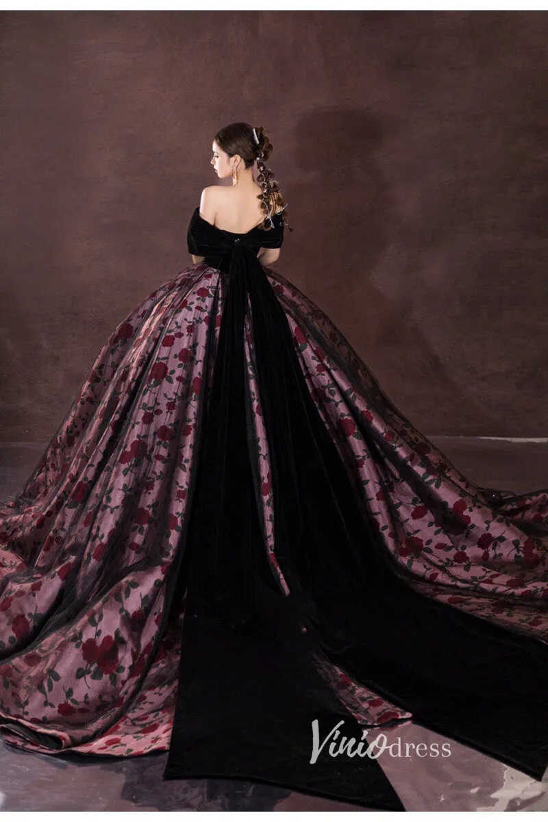 Black Floral Satin Prom Ball Gown Off the Shoulder Formal Dress FD3249