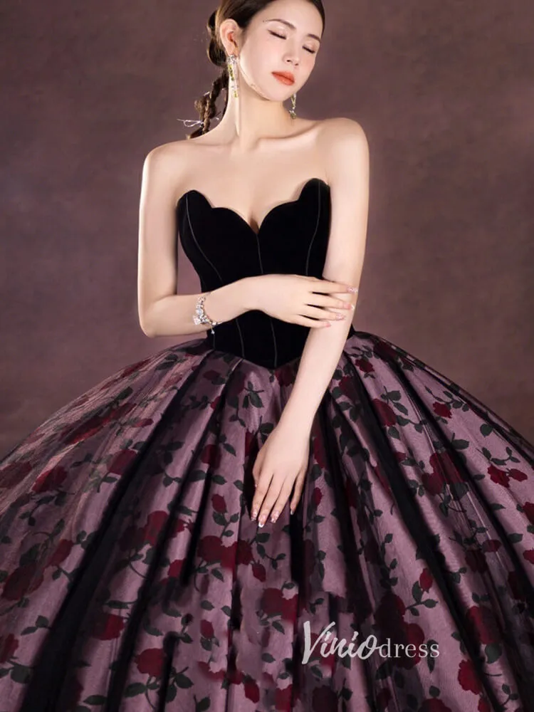 Black Floral Satin Prom Ball Gown Off the Shoulder Formal Dress FD3249