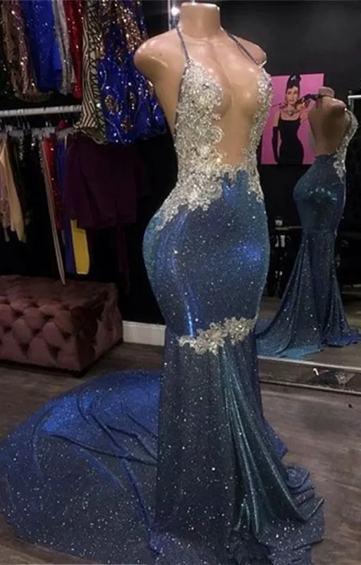 Black Girl Prom Dress Cheap Sparkle Blue Sexy Prom Dresses | Mermaid Silver Aplliques Long Evening Gowns C4074