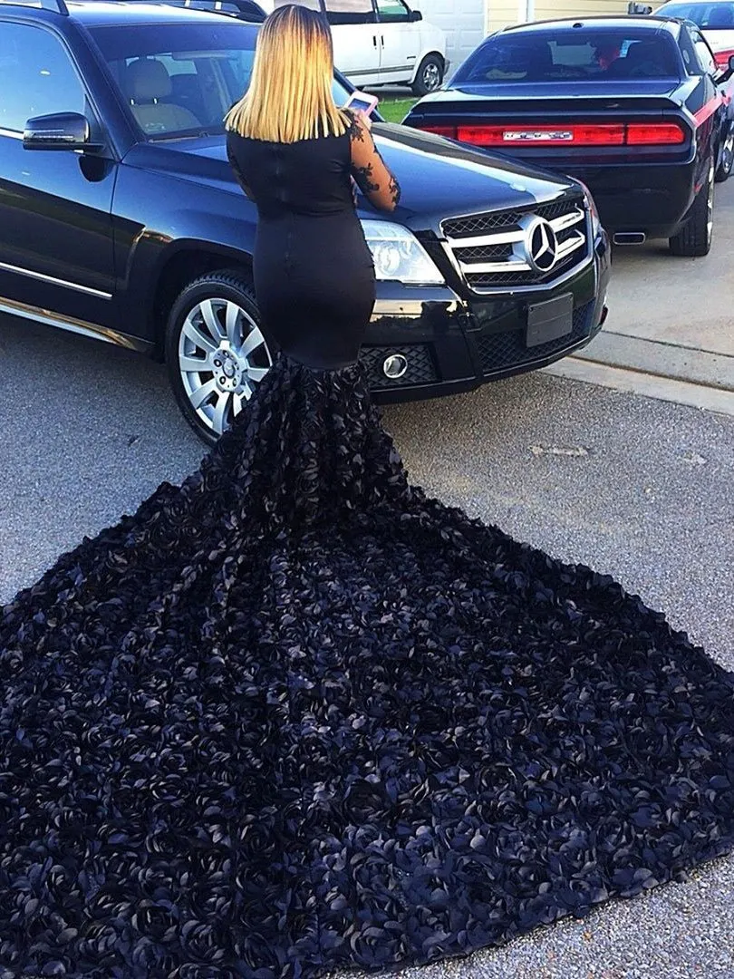 Black Lace Long Sleeves Mermaid Prom Dresses with Long Train,3366