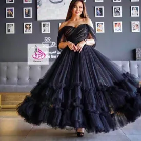 black prom dresses ball gown off the shoulder tulle simple vintage arabic prom gown vestido de fiesta