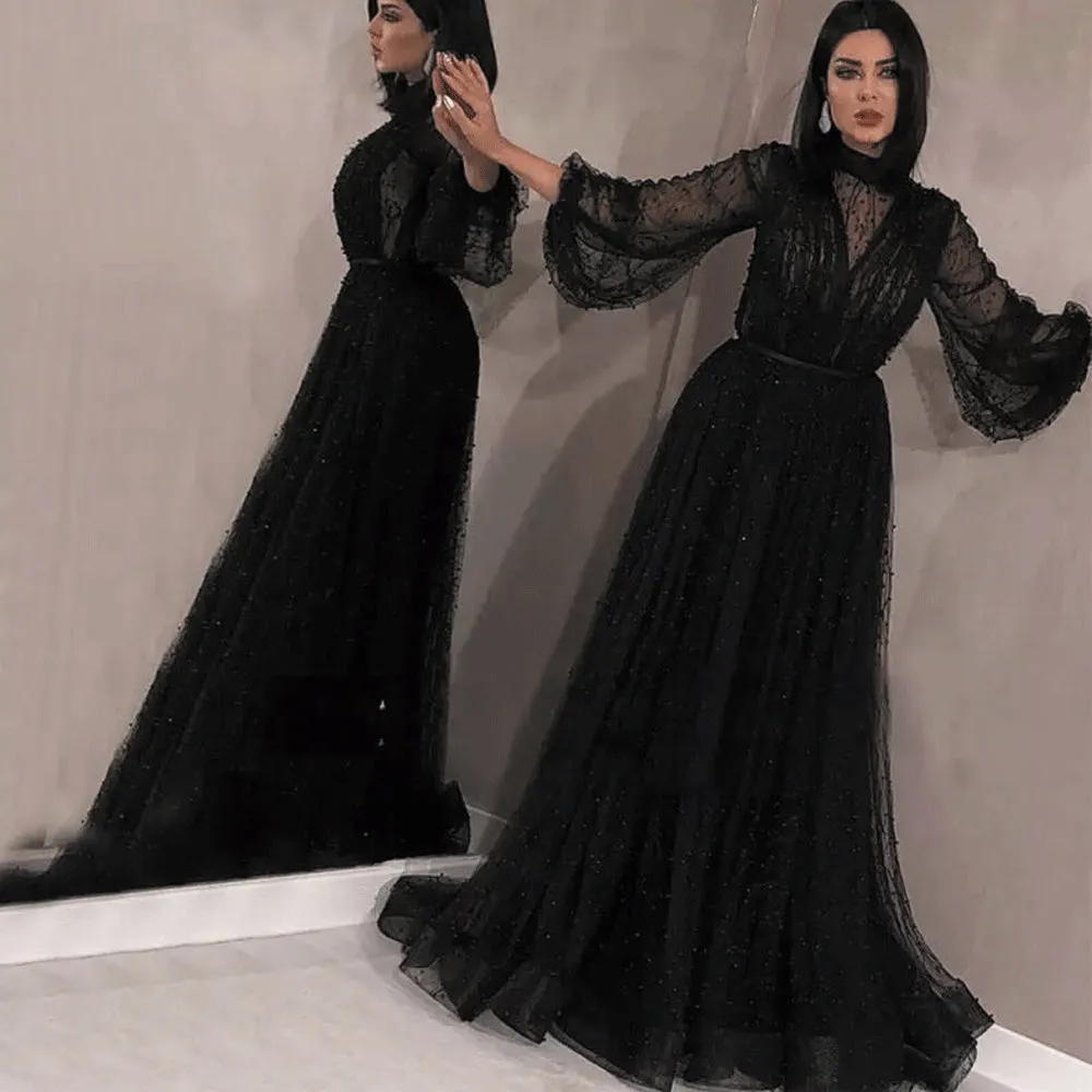 black prom dresses long sleeve high neck beaded elegant a line prom gown vestido de festa de Longo