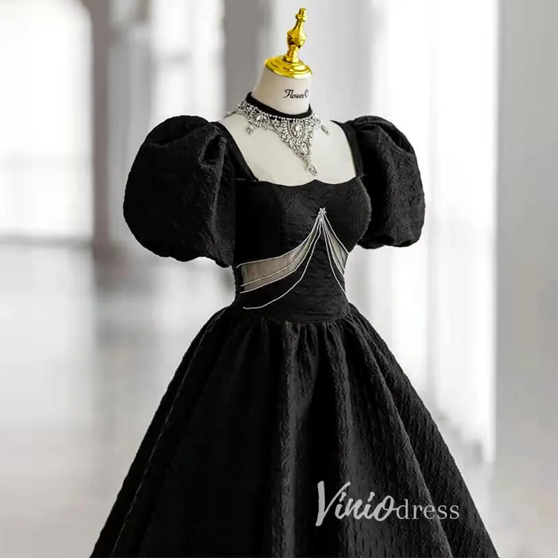 Black Satin Quinceanera Dresses Puffed Sleeve Prom Ball Gown FD3243