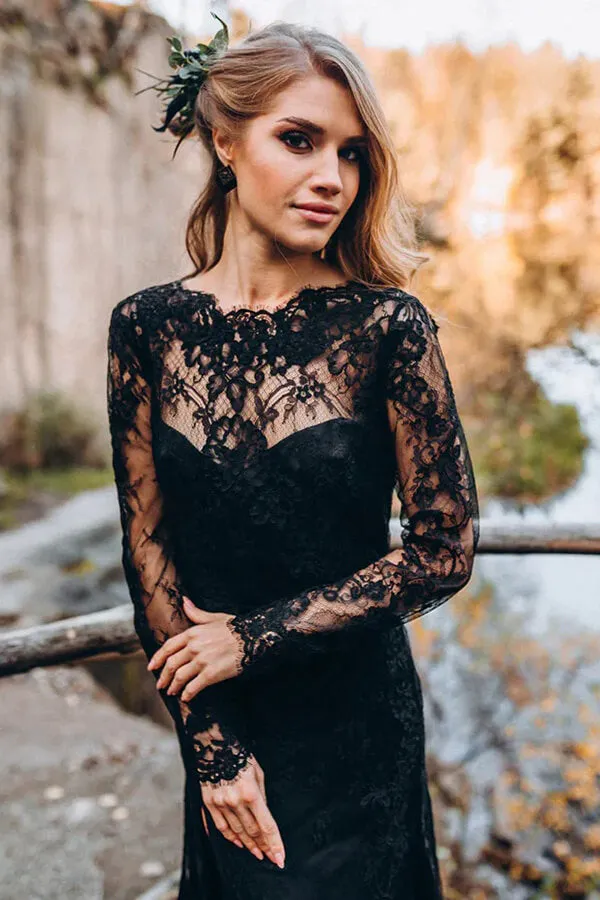 Black Sheath Backless Sweetheart Long Sleeves Lace Wedding Dresses, SW677