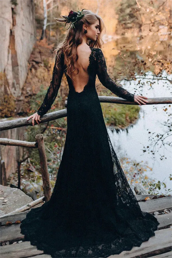 Black Sheath Backless Sweetheart Long Sleeves Lace Wedding Dresses, SW677