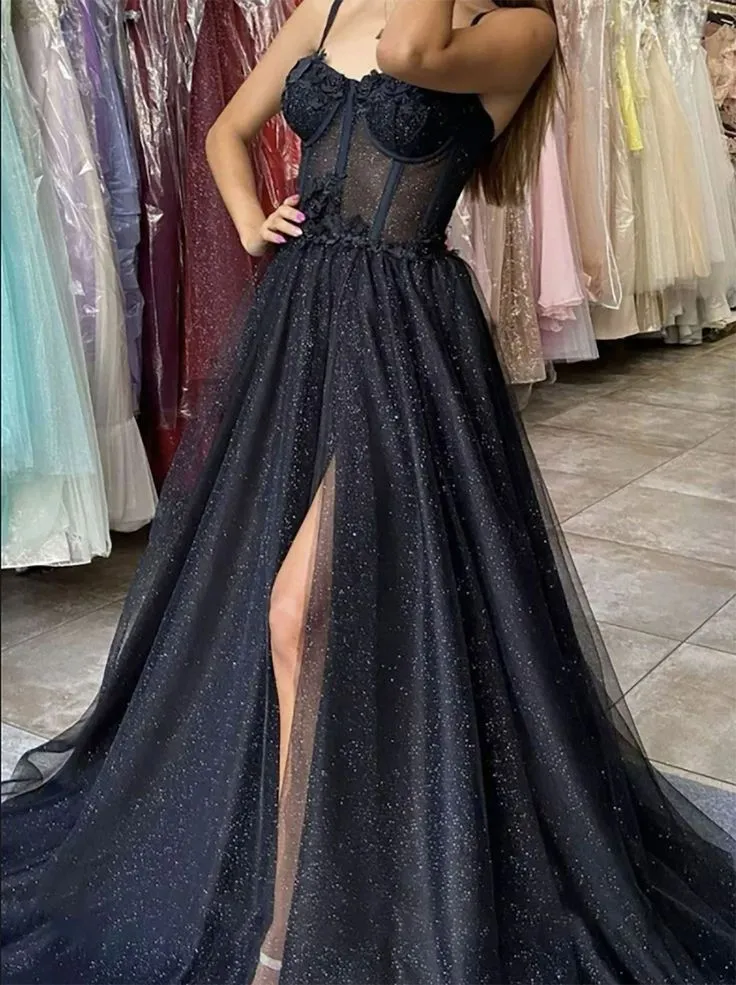 Black Vintage  A-line Long Sweetheart Galaxy Lace Tulle Prom Dress Straps Ball Gown Party Evening Dress,DP414