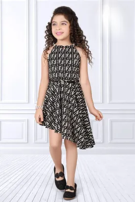 Black with White Printed Short Frock for Girls with Belt