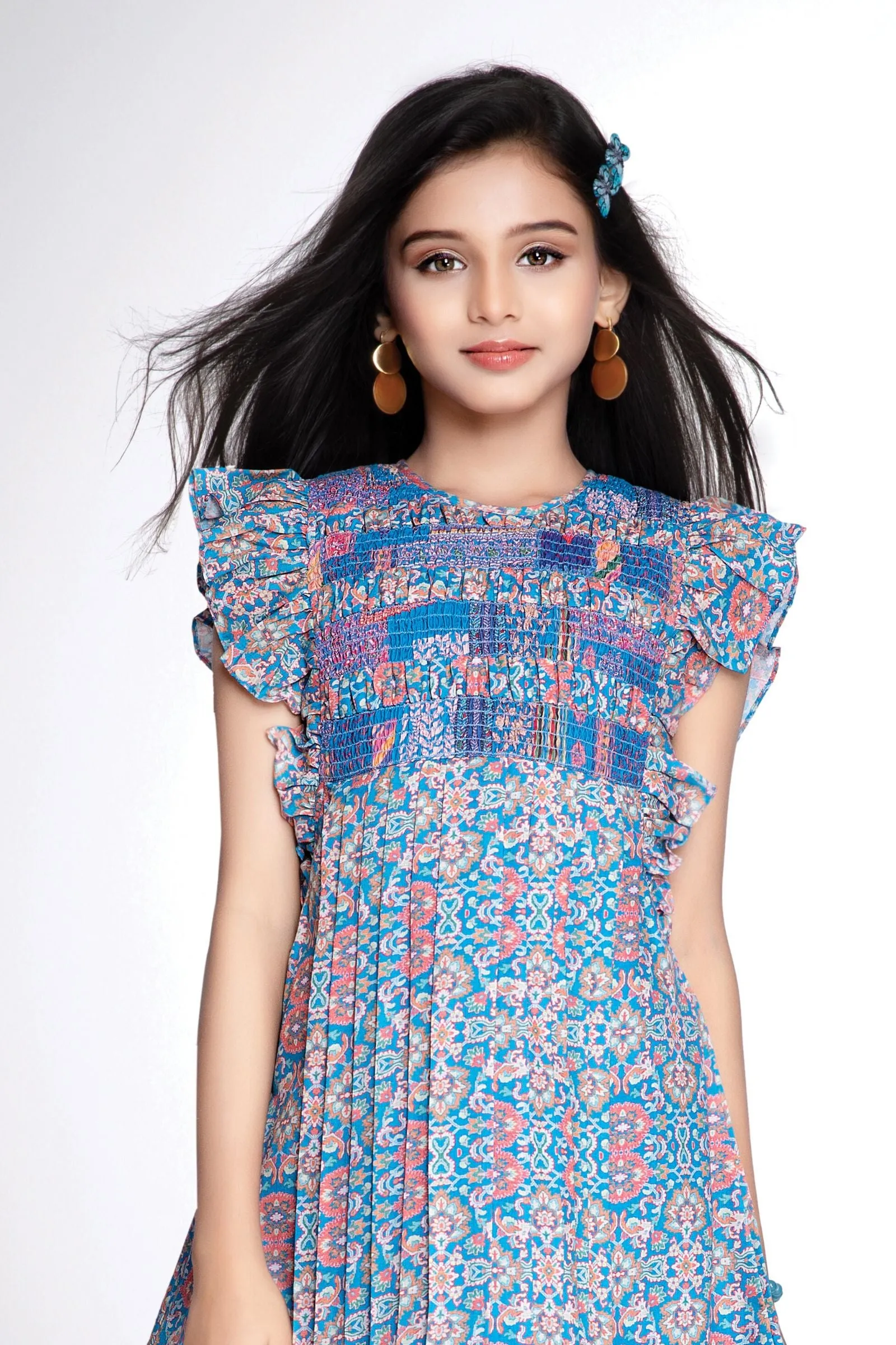 Blue Floral Print Casual Frock for Girls