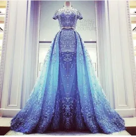 blue lace prom dresses with removable train short sleeve modest elegant beaded luxury prom gowns