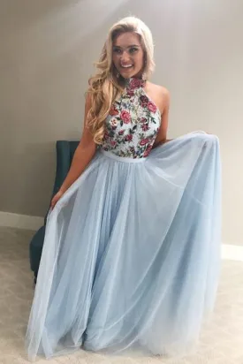 blue prom dresses long embroidery appliqué high neck elegant sleeveless prom gown robe de soiree