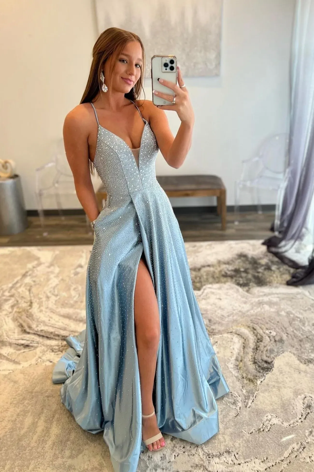 Blue satin long prom dress A line evening dress SH403