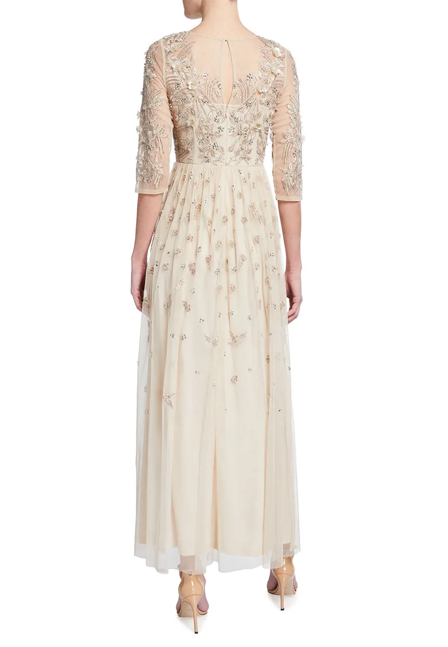 Blush 3/4 Sleeves Beaded Bodice Gown