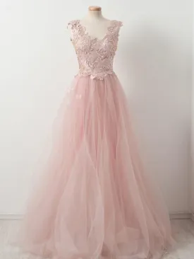 Blush Pink Lace Tulle A-line Prom Evening Dresses