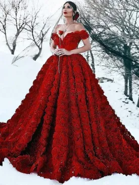 Burgundy ball gown prom dresses princess 3d flowers elegant off the shoulder prom gown with chapel train