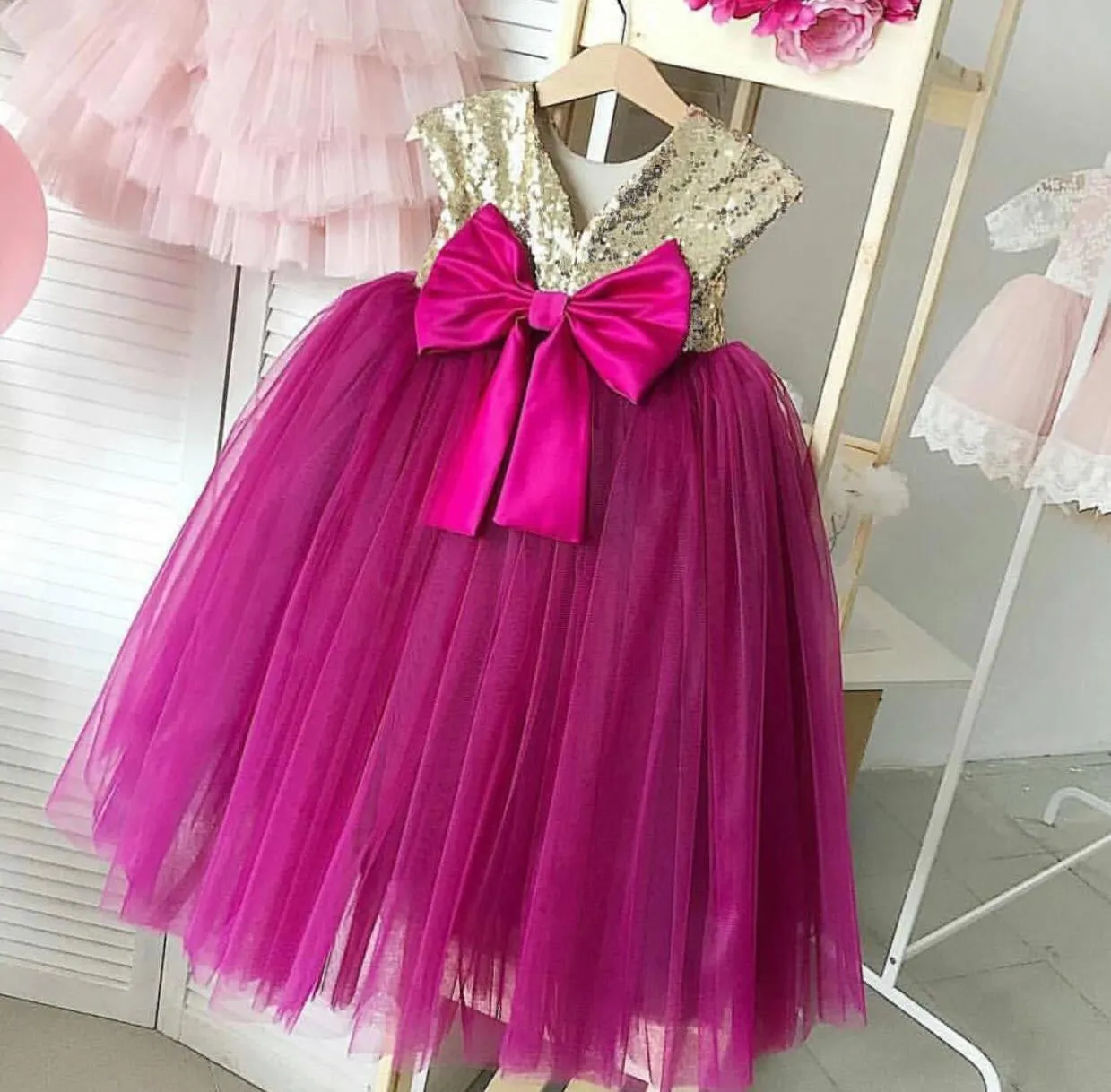 Burgundy flower girl dresses for weddings gold sequin puffy princess kids ball gown prom dress