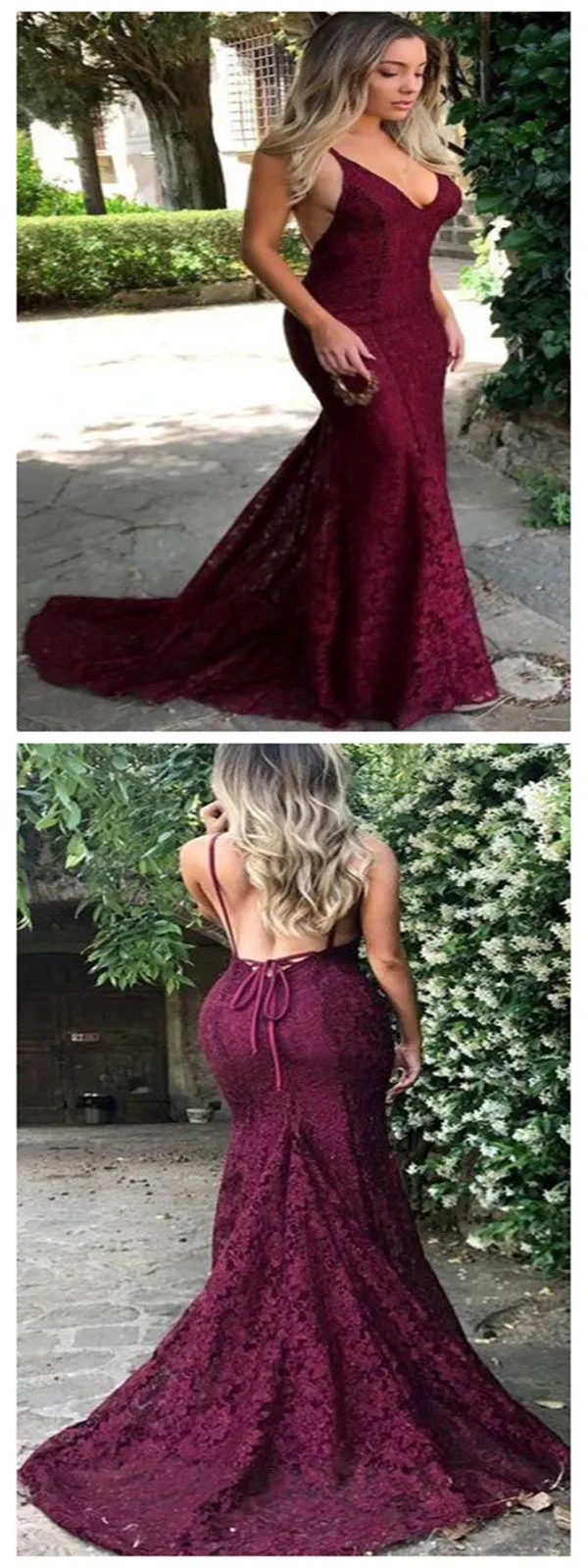 Burgundy Long Prom Evening Dresses, Mermaid Slit Halter Long Prom Dresses