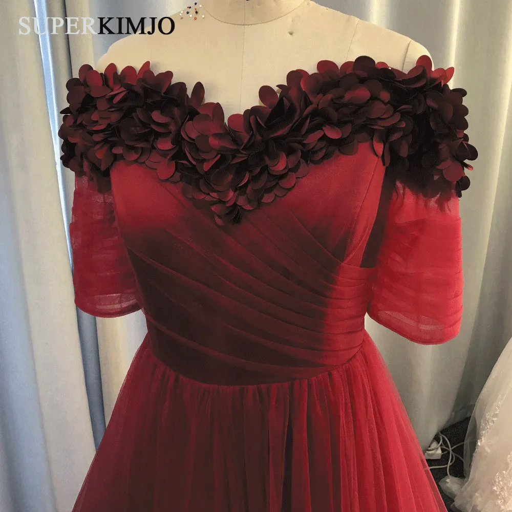 Burgundy prom dresses 2020 handmade flowers elegant real photo prom gown vestido Longo