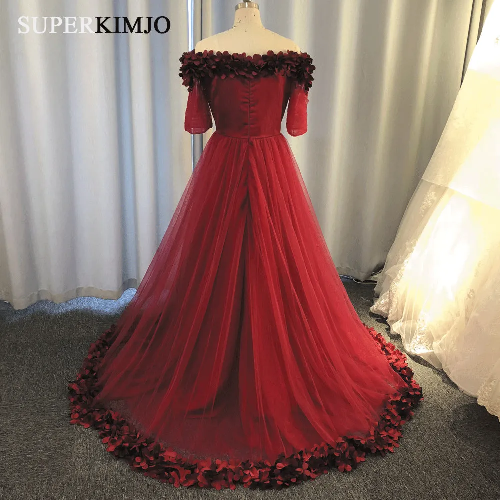 Burgundy prom dresses 2020 handmade flowers elegant real photo prom gown vestido Longo