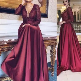 Burgundy prom dresses long sleeve satin beaded elegant deep v neck cheap prom gown vestido longo