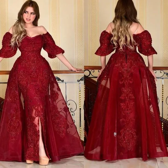 Burgundy prom dresses with detachable skirt lace appliqué beaded arabic luxury prom gowns