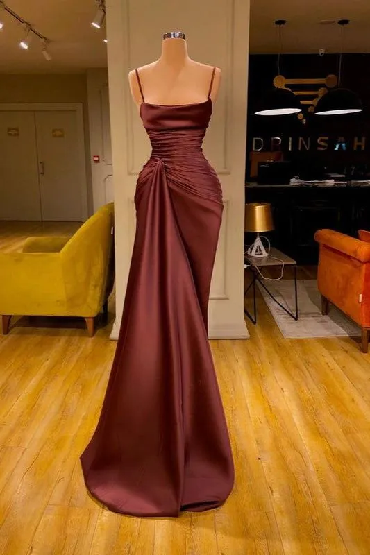 Burgundy Spaghetti-Straps Mermaid Ruffles Prom Dress SH518