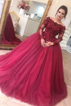 Burgundy Tulle Ball Gown Off-the-Shoulder Long Sleeves Prom Dresses, SP654