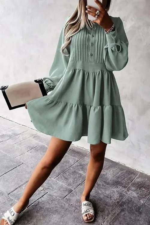 Button Layered Long Sleeve Mini Dress