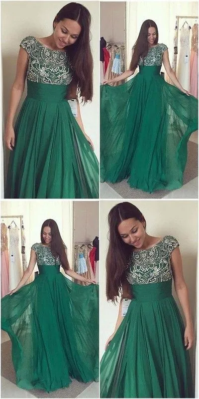 cap sleeve beaded prom dresses long chiffon green elegant vintage cheap prom gown robe de soiree