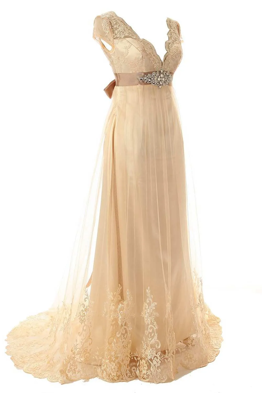 Cap Sleeve Low V Neck A-line Lace Gown With Beaded Belt-714854