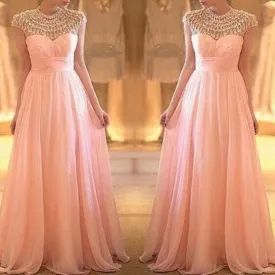 cap sleeve pink prom dresses long beaded a line chiffon cheap senior formal dress prom gown