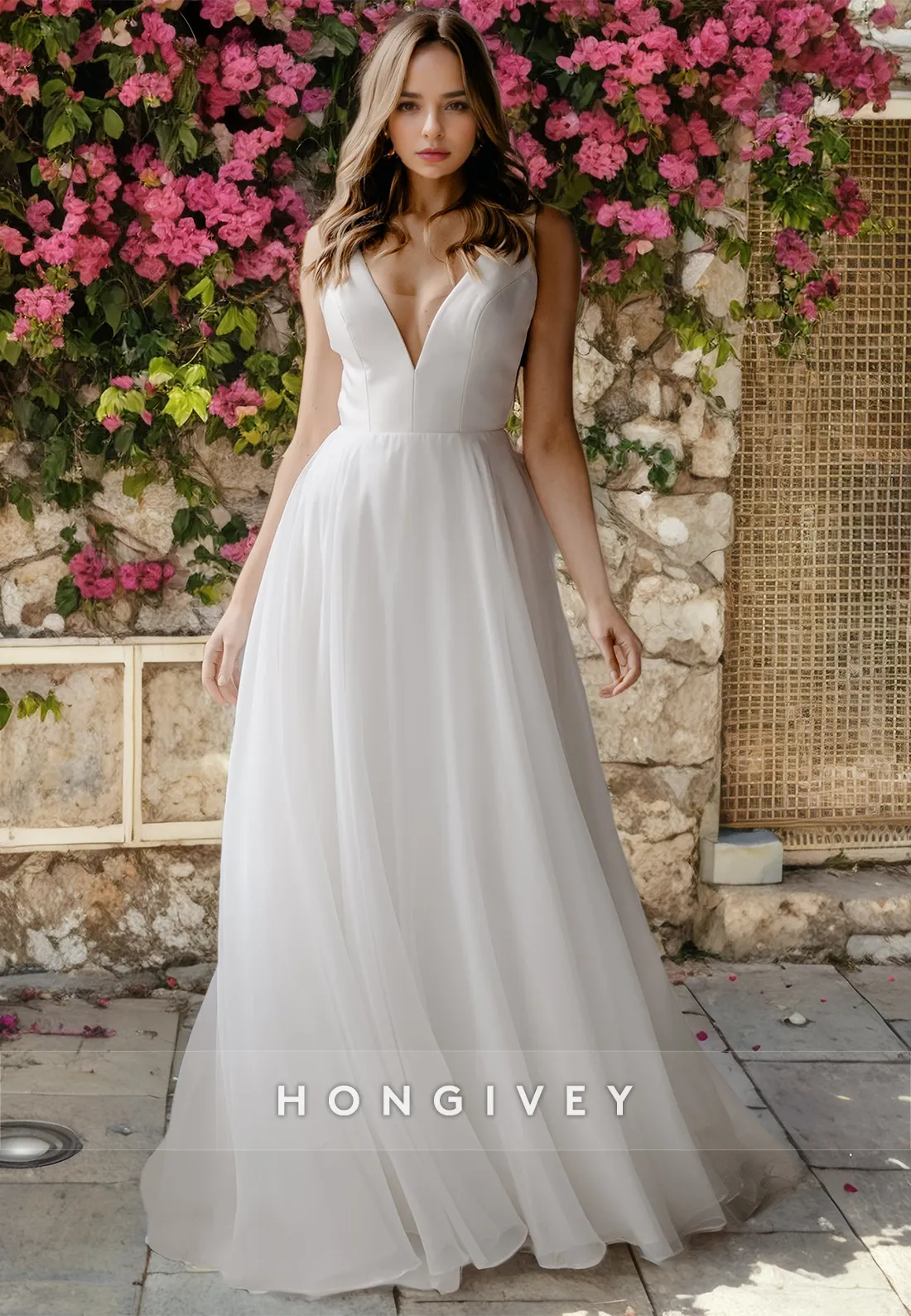 Casual A-Line V-Neck Sleeveless Beach Wedding Dress