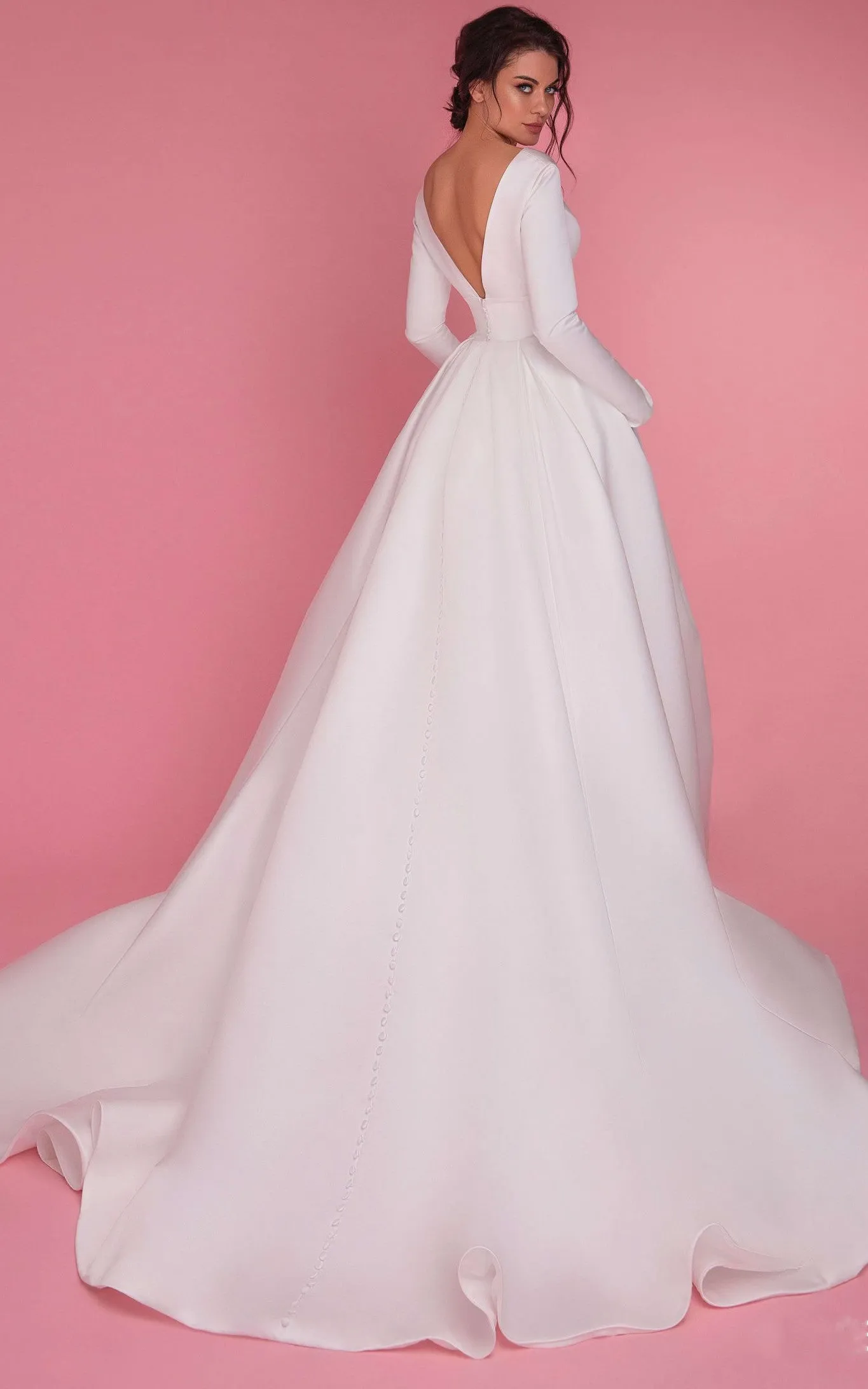 Casual Ball Gown Floor-length Long Sleeve Satin Wedding Dress with Pockets-716247