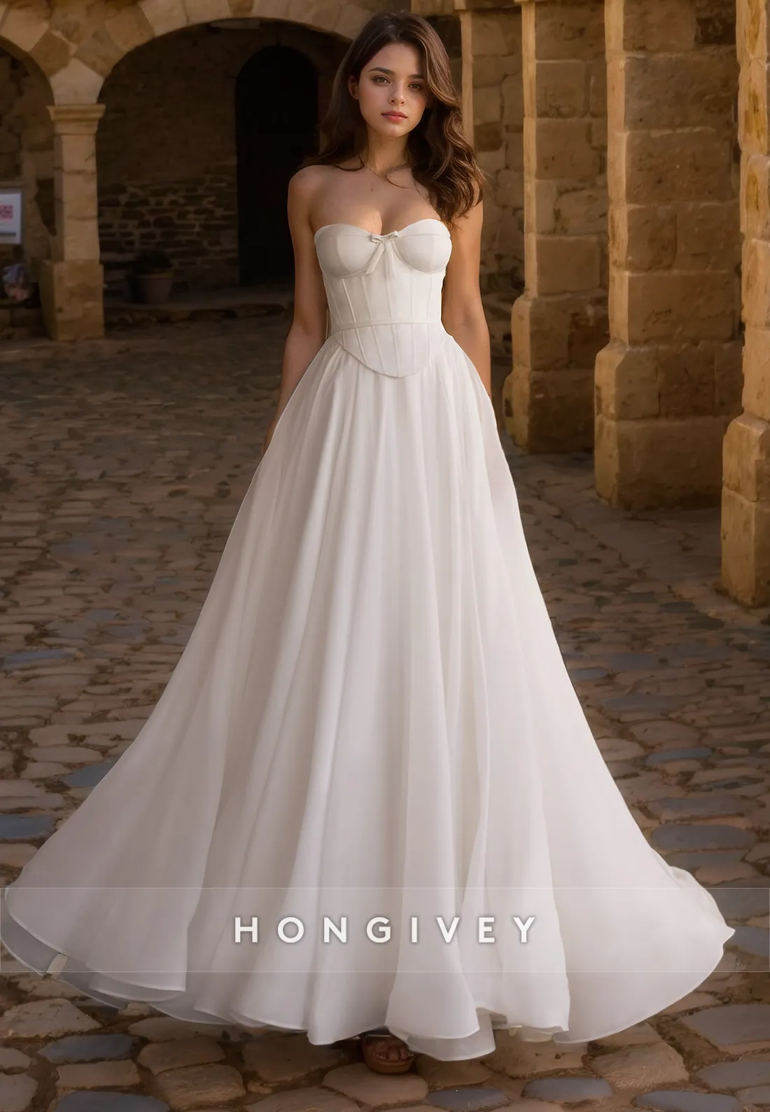 Casual Sweetheart Strapless A-Line With Train Summer Wedding Dress