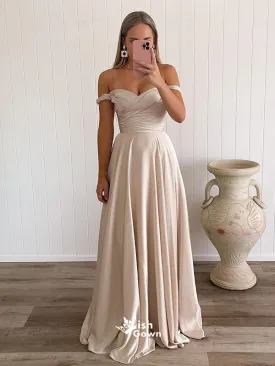 Champagne Off Shoulder Sweetheart Soft Satin Pleats A-line Evening Gowns Prom Dresses, WGP201