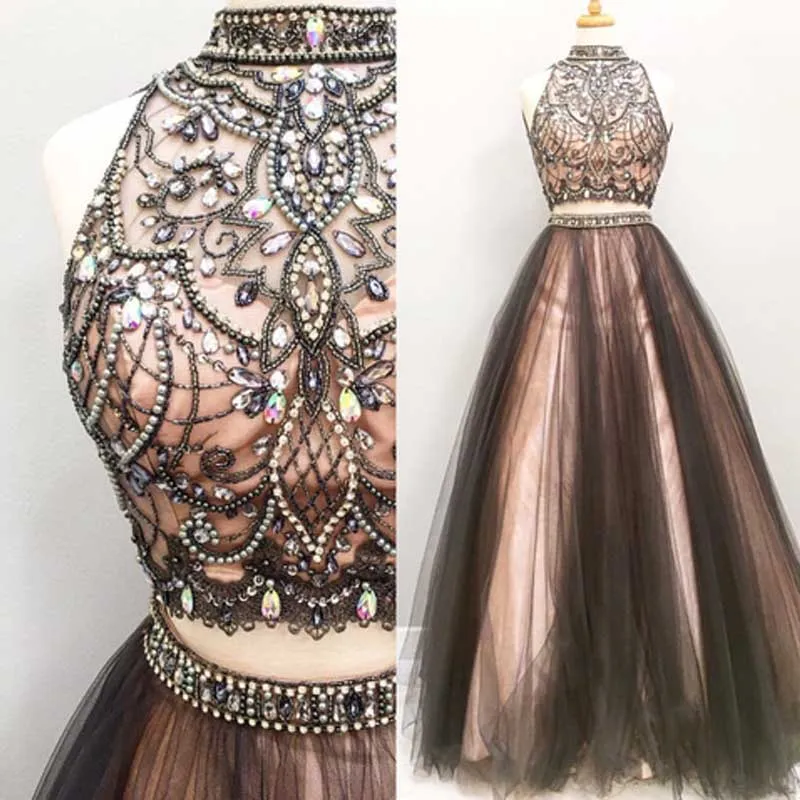 champagne prom dresses 2020 beaded halter high low elegant prom gown vestido de festa de Longo