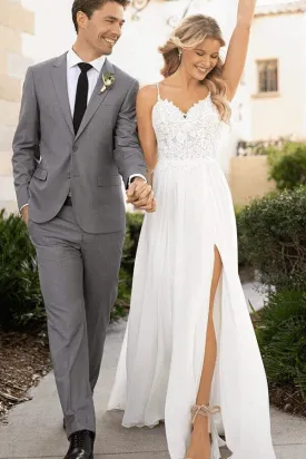 Chiffon Lace A-line V-neck Spaghetti Straps Beach Wedding Dresses, SW620