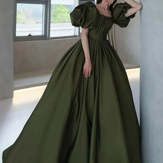 Classic Satin Quinceanera Dress, Green evening dress with belt     S1278