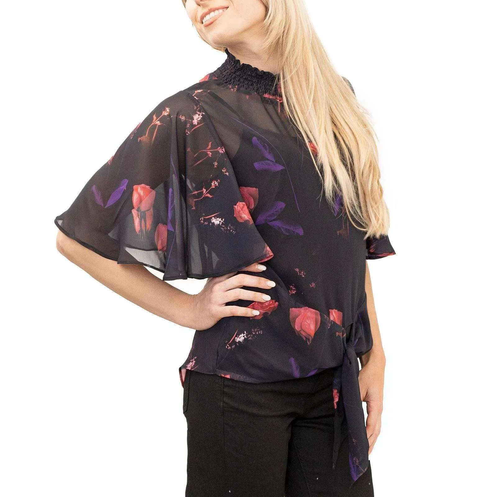 Coast Nyla Black Floral Print Tie Hem Short Sleeve Loose Top