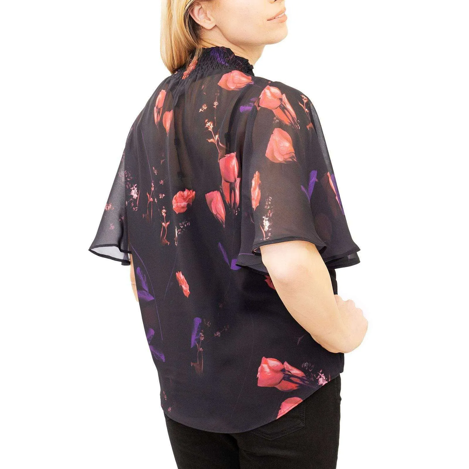 Coast Nyla Black Floral Print Tie Hem Short Sleeve Loose Top