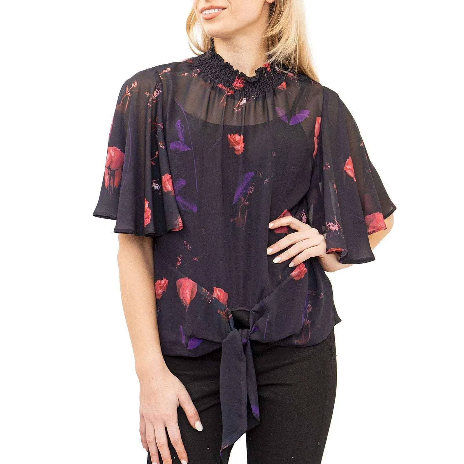 Coast Nyla Black Floral Print Tie Hem Short Sleeve Loose Top