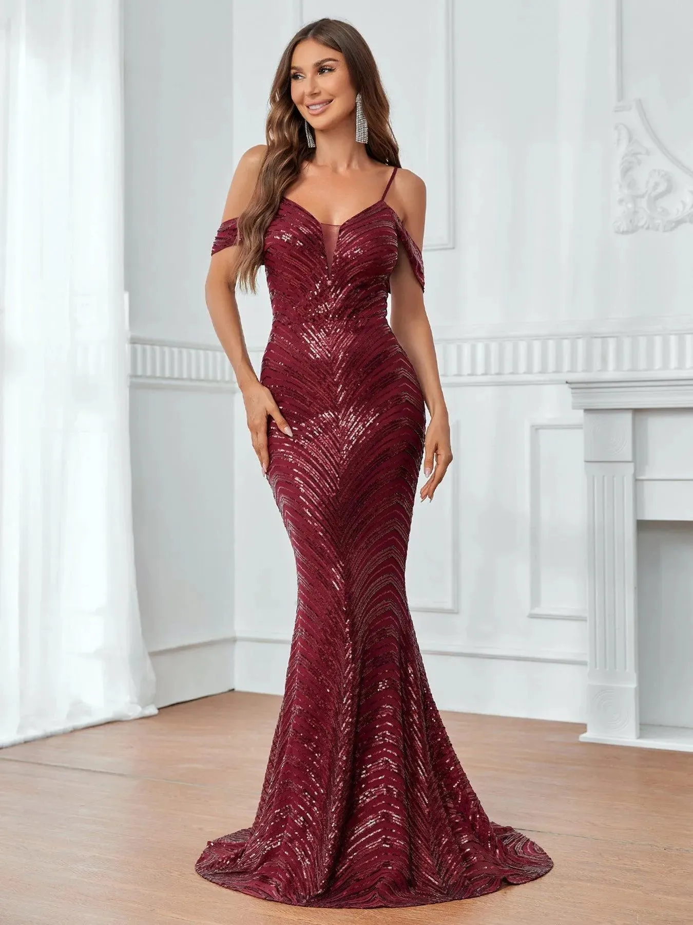 Cold Shoulder Backless Sequin Mermaid Dresses