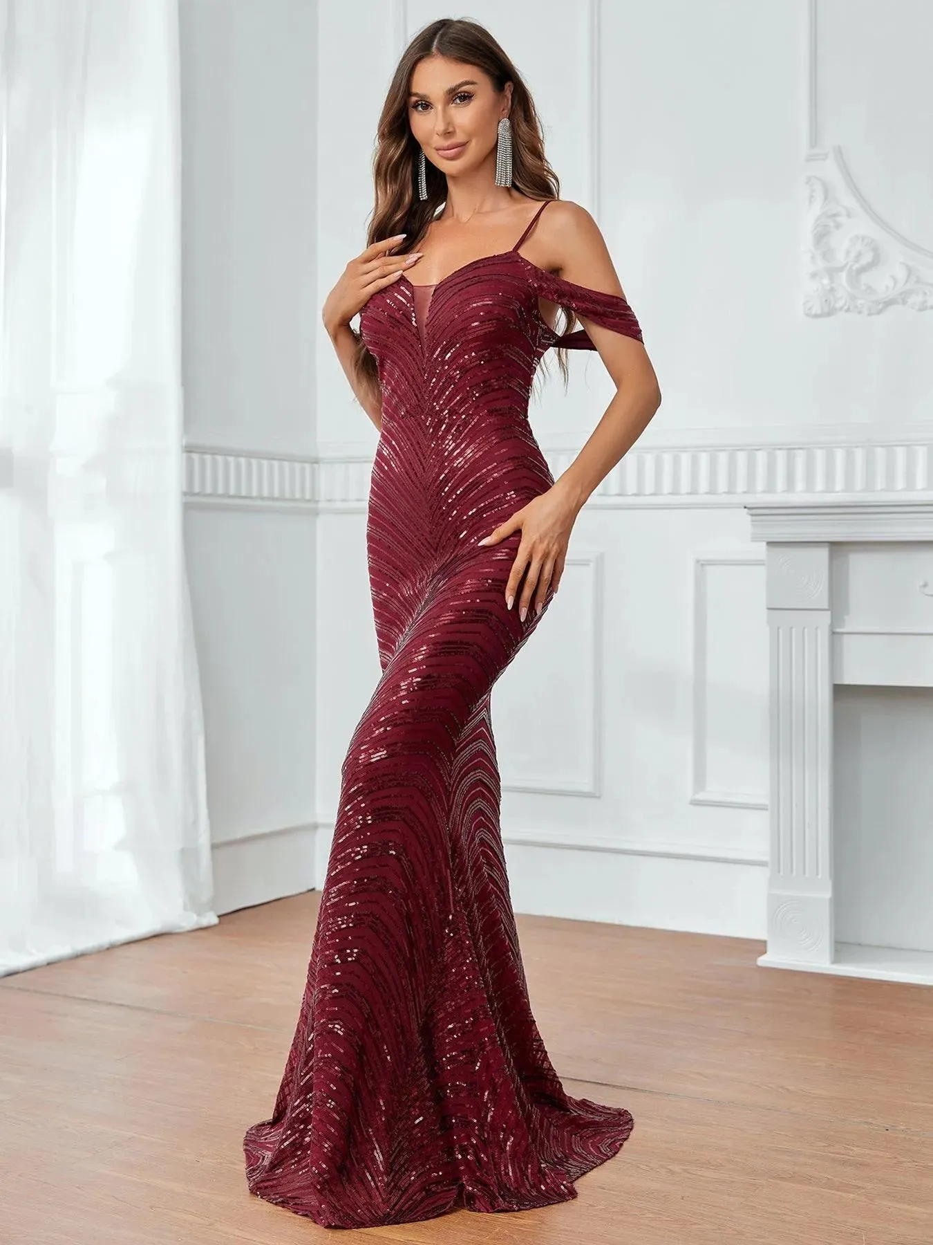 Cold Shoulder Backless Sequin Mermaid Dresses