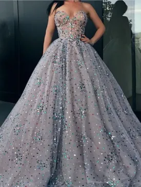 colorful beaded prom ball gown gray sweetheart neck elegant prom dresses long vestido de festa