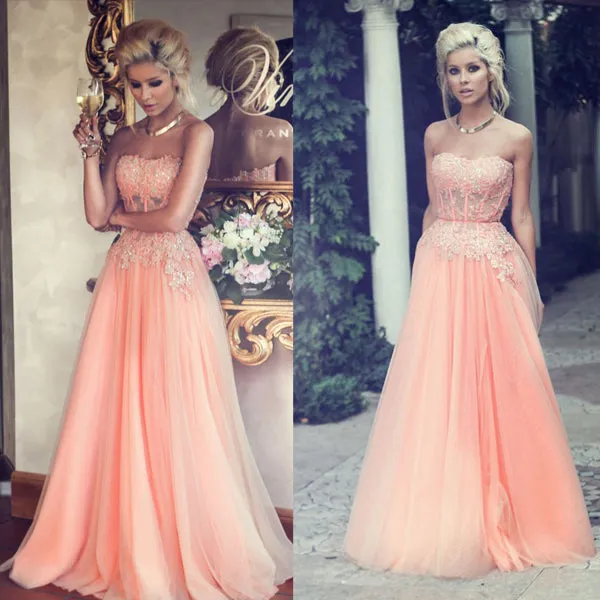 coral peach prom dresses 2020 lace applique beaded elegant tulle prom gown arabic robe de soiree