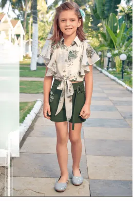 Cream Floral Print Top and Olive Green Shorts For Girls