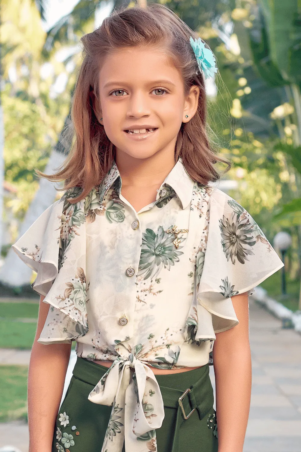 Cream Floral Print Top and Olive Green Shorts For Girls