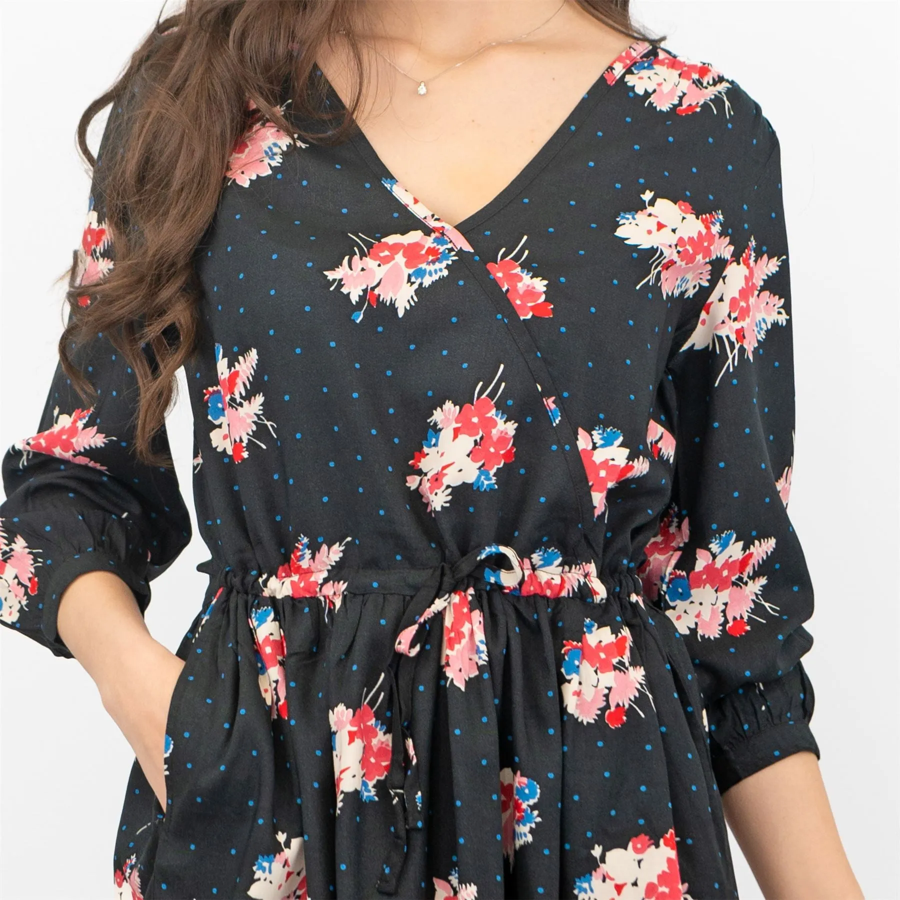 Crew Clothing Women Black Floral 3/4 Sleeve Cross Wrap with Pockets Dresses