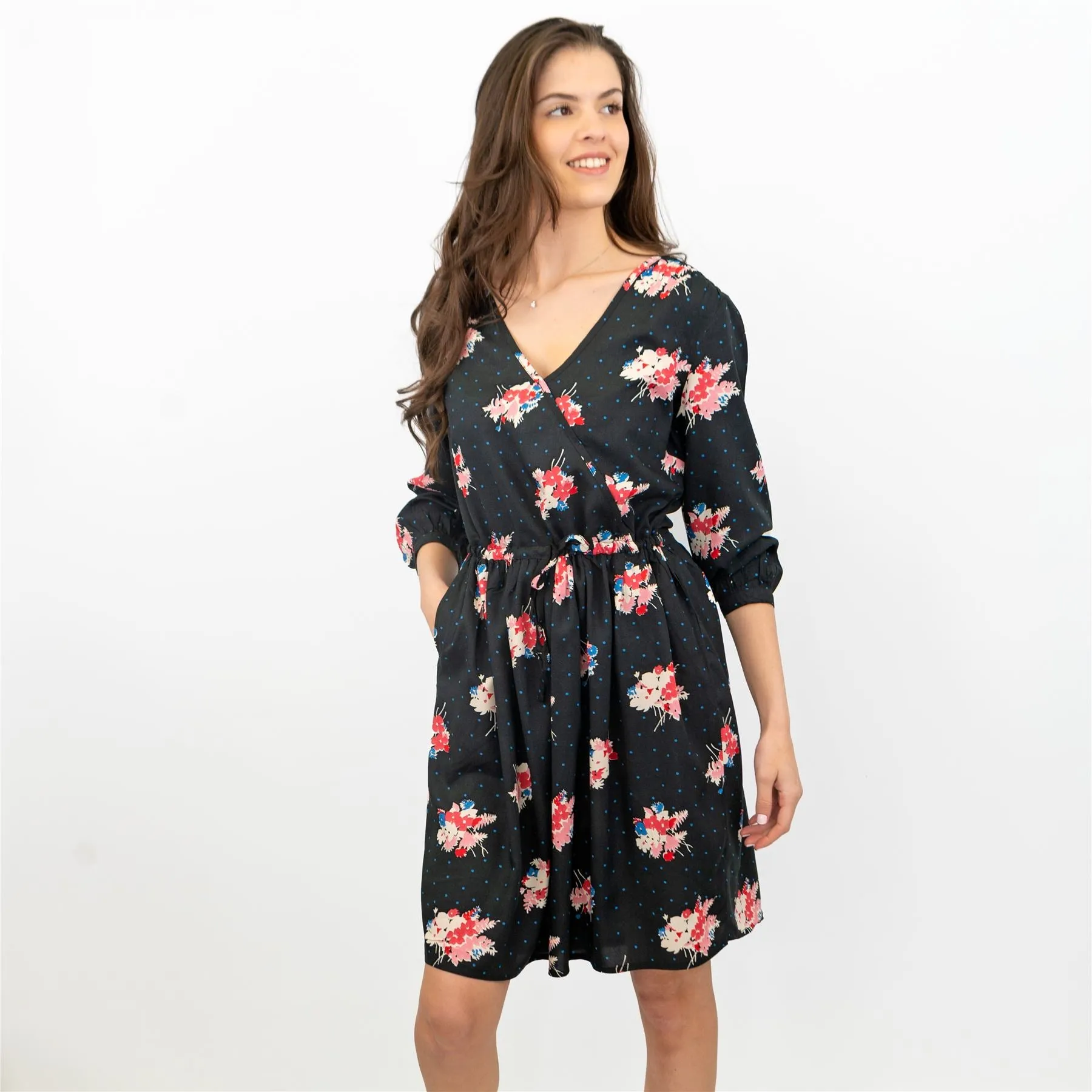 Crew Clothing Women Black Floral 3/4 Sleeve Cross Wrap with Pockets Dresses